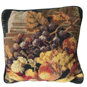 Needlepoint still life harvest Thanksgiving grapes throw pillow velvet zip back